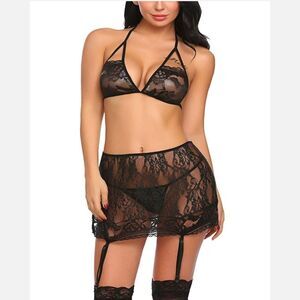 Women Sexy Lingerie Babydoll Sleepwear Lace Bra and Panty Sets with Garter US